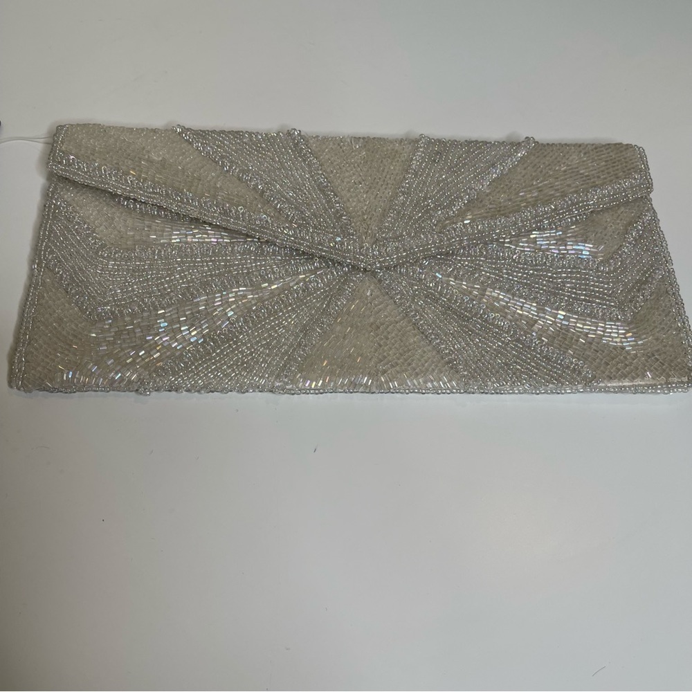 Max New York White Beaded Evening Clutch Purse Bag